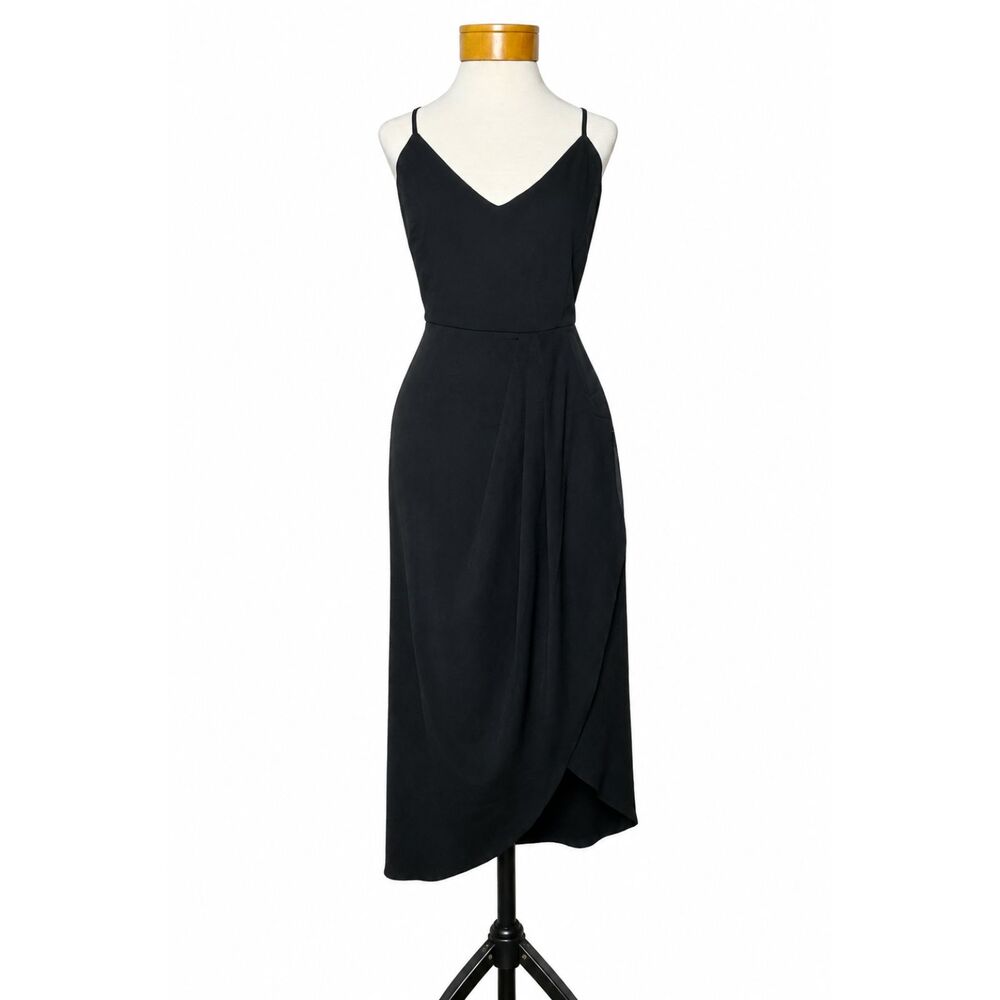 Lulus Reinette Black V-Neck Midi Dress NWT Womens Size XL Wrap Tulip Skirt